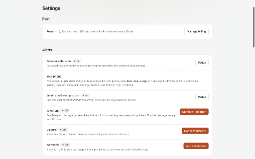 Dibs — Marketplace Alerts :: New listing alerts for Marketplace, Craigslist and OfferUp: push, Telegram, Discord, email or webhook. Runs in your own browser.