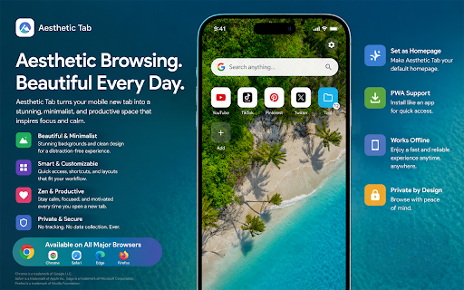 Aesthetic Tab - Minimalist New Tab & Zen Dashboard :: Turn every new tab into a moment of peace. A minimalist dashboard with HD wallpapers.