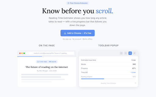 Reading Time Estimator :: See how long any article takes to read, with a live progress bar as you scroll.