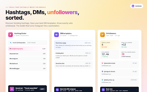 InsGenie: Post, Save, Schedule for Instagram :: Post, schedule, and bulk download from Instagram, plus ghost view stories, DM templates, hashtag tools, unfollower tracker.