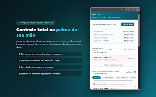 MSEI - Monitor de Processos :: Avisa novos processos e retornos no SEI com assunto, urgência e exportação para Excel. Por Pedro Afonso - Afonso Tecnologia.