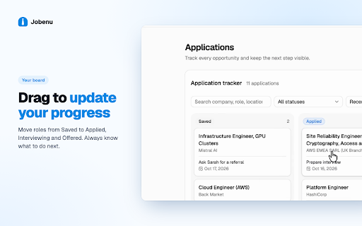 Jobenu :: Save any job posting to your Jobenu tracker in one click. AI fills in company, role, salary and location for you.