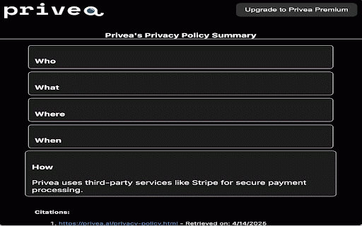 Privea :: An extension that summarizes privacy policies into 5 short bullet points.