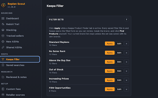 Replen Scout :: Scout profitable Amazon replens on Keepa. Auto-pull FBA fees, calc profit & ROI, track sellers, and overlay a break-even line.