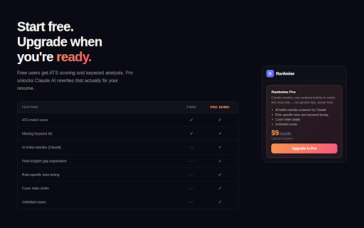 Rankwise – AI Resume Scorer & Rewriter :: Paste your resume, open any job posting. Rankwise scores your ATS match and rewrites your bullets with Claude AI — in seconds.