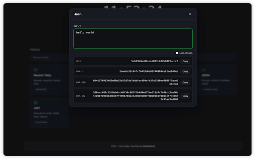 DTB - Daily Tool Box :: Your Daily Tool Box. A new tab full of developer tools — Base64, Timestamp, Hash, JSON, JWT and more — plus a clock and your IP.