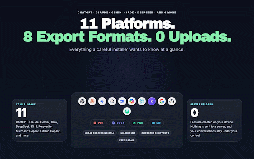 AI Chat Exporter & Sharer - PDF, DOCX & More :: Export AI chats to PDF, DOCX, Markdown, images, and JSON with local processing and message selection.
