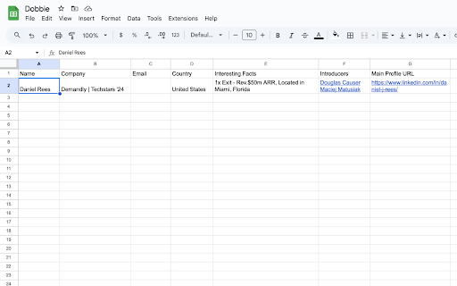 Dobbie :: Effortlessly gather LinkedIn data and organize it into spreadsheets with Dobbie. Perfect for securing warm introductions, Dobbie…