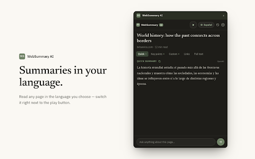 WebSummary AI :: A calm AI summary and reader mode in Chrome's side panel.