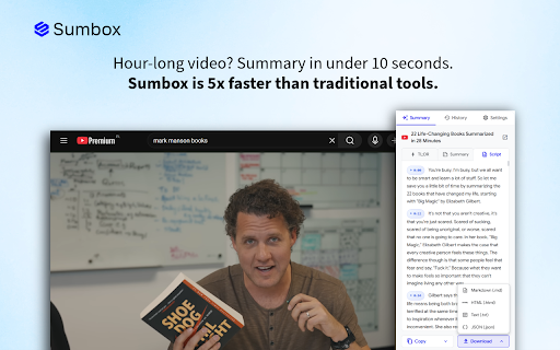 Sumbox - YouTube & web summarizer :: Summarize YouTube videos and articles with one click. Get TL;DR, detailed summaries, and full transcripts.