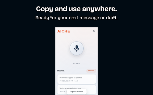 AICHE - Voice Typing & Dictation | AI Speech to Text :: AI voice typing & speech to text for any website. Dictate naturally, get polished text instantly. Works everywhere.