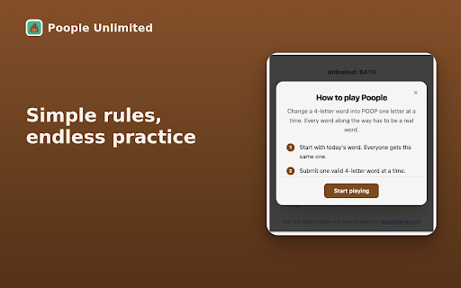 Poople Unlimited: Endless Word Ladders :: Endless Poople practice. Get a fresh random word ladder anytime and change it into POOP one letter at a time. No daily wait.