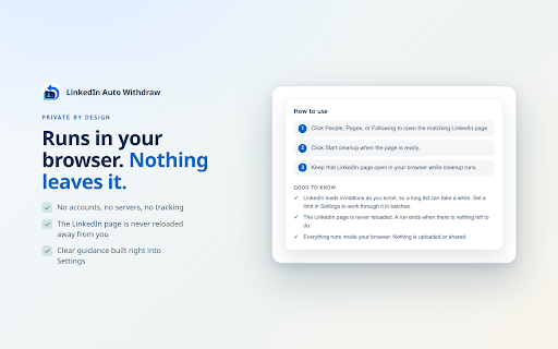 LinkedIn Auto Withdraw :: Withdraw pending LinkedIn People and Pages invitations, remove follows in bulk, with a per-run limit and local-only automation.