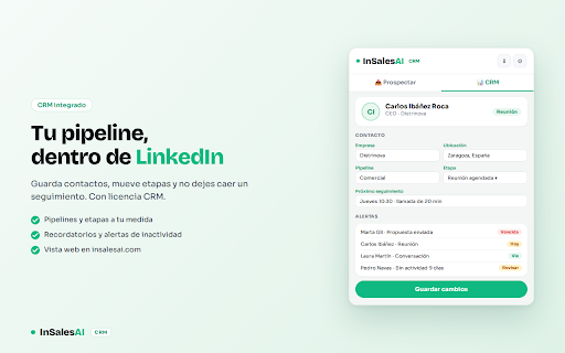 InSalesAI CRM :: Tu sistema de prospección y CRM para LinkedIn: perfiles, mensajes, seguimiento y pipeline comercial con IA que aprende tu estilo.