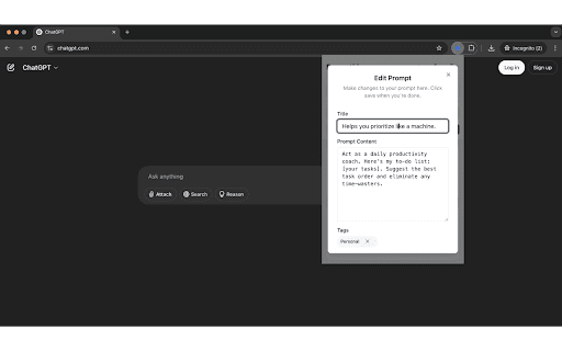 Prompt Manager :: ChatGPT Prompt Manager: Save, tag & reuse AI prompts from any site. Right-click to add, organize by category.