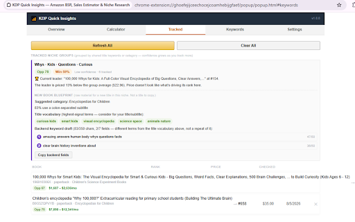 KDP Quick Insights — Amazon BSR, Sales Estimator & Niche Research :: Amazon KDP research extension. BSR, sales estimates, royalties & niche scoring — inline on every book page.