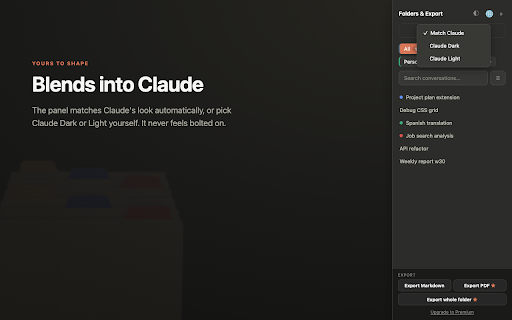 Folders, Search & Export for Claude :: Organize claude.ai chats into folders, search your history, and export to Markdown or PDF. 100% local & private.