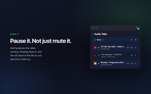 Audio Tab Finder – Find, Mute & Close Noisy Tabs :: Instantly find which tab is playing sound. Jump to it, mute it, or close it in one click. No more hunting for noisy tabs.