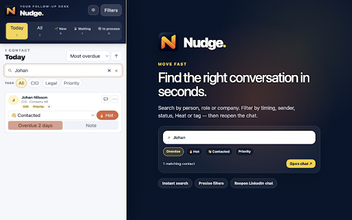 Nudge :: A private, local follow-up desk for LinkedIn Messaging in Chrome's side panel.