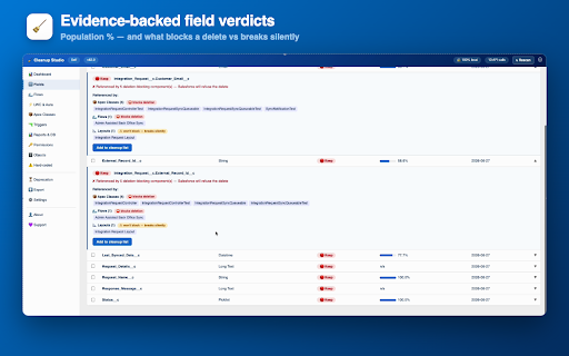 Salesforce Org Cleanup Assistant :: Tells you which Salesforce fields, flows, LWC, Apex & triggers are safe to delete. 100% local — no external servers.