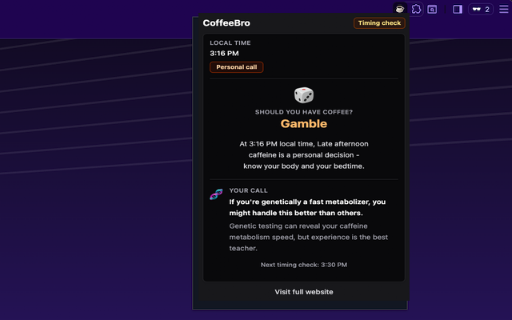 CoffeeBro - Perfect Coffee Timing :: Know the perfect time to drink coffee based on circadian science. Get recommendations for optimal caffeine timing.