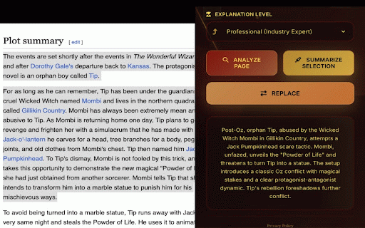 Summar-AI :: Uses AI to summarize long sets of text on a page with different explanation levels.