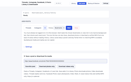 Threads, Instagram, Facebook, X Posts Library & Downloader :: Save Threads, Instagram, Facebook and X posts. Search offline, back up your library, and download media, including Patreon.