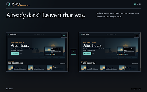 Eclipser — Dark Mode & Night Theme with Photo and Video Dimming :: Dims photos and video up to 80%, not just text. Dark mode, softened or original per site; text size 75-200%, saved per site.