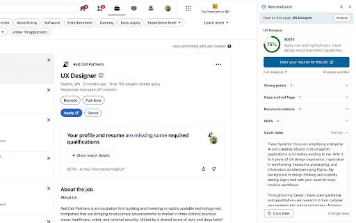 ResumeQuick :: See how your resume fits any job, then fill the application form with your own details, right in the side panel.