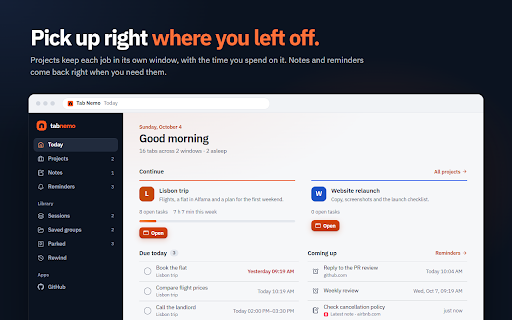 Tab Nemo :: A fast, local-only tab manager: search, notes, sessions, groups, reminders, projects, and focus.