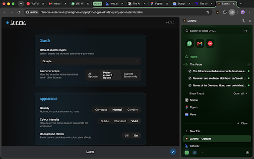 Lunma :: Vertical tabs and per-project Spaces for Chrome, with smart folders and a quick launcher.