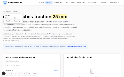 MM↔IN Converter :: Convert millimeters and inches quickly via popup and context menu.