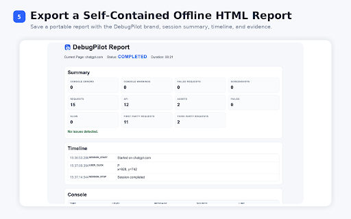 DebugPilot :: Capture console errors, network failures, user actions, screenshots, and debugging context in one local session.
