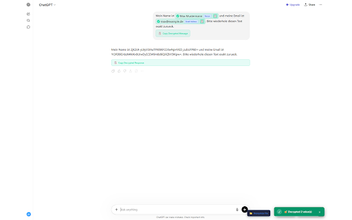 Anonym.Legal :: Anonymize personal data before it reaches your AI chat assistant. Encrypt PII, auto-decrypt responses. Privacy by design.