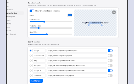 Select to Action :: Select text on any page to Search, Copy, Translate, Define, Convert currency, or send it to AI (ChatGPT, Claude, Gemini, Grok).