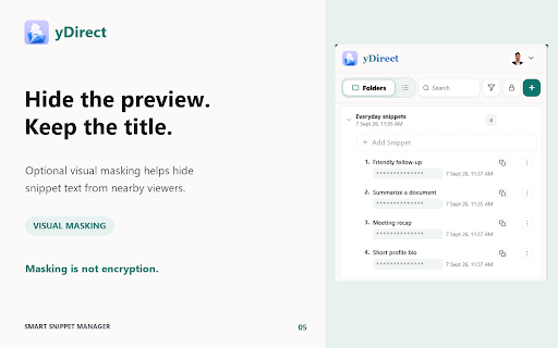 yDirect - Snippet Manager: Save, Search & Copy Reusable Text :: Save prompts, templates, bios and code snippets. Search and copy from Chrome's side panel without leaving your tab.