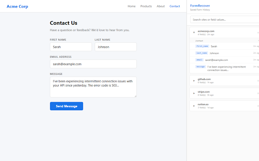 FormRecover :: Auto-save form data and recover it after crashes or accidental tab closures.