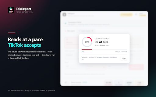 TokExport - TikTok Follower List, Following & Comment Export Tool :: TikTok comment export, follower list and following list to CSV, Excel or JSON. Long exports resume where TikTok stopped.