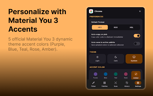 Chroma - Color Picker & Palette Studio :: Fast, beautiful web color picker & studio. Sample hex codes, build palettes, check WCAG contrast, and export CSS code.