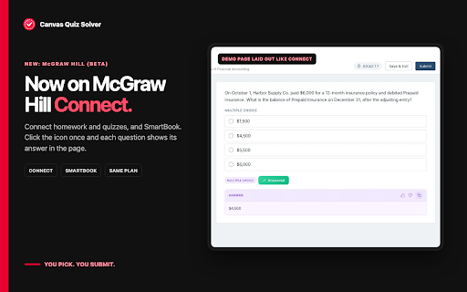 Canvas Quiz Solver :: Canvas quiz cheat extension. Instant AI answers on Canvas quizzes and McGraw Hill Connect (beta). One click, never leave the page.