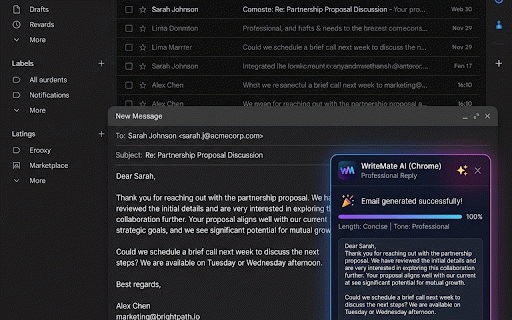 WriteMate AI :: Generate emails instantly with context-aware AI on Gmail and Outlook. Includes tone control, thread summary, and smart replies.