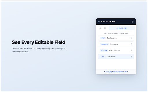Find & Replace :: Find and replace text in any input, rich text editor, or JSON field on any page. Regex, match counter, history, and shortcuts.