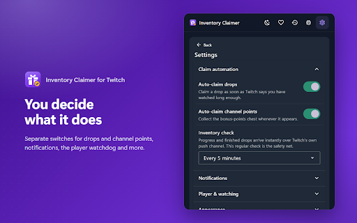 Inventory Claimer for Twitch :: Automatically claims Twitch Drops and channel point bonuses once you have earned them, with a dashboard for progress and points.