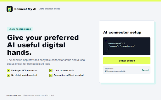Connect My AI Bridge :: Connect local AI agents to your browser with selectable permissions, signed actions, Panic Stop, and an audit trail.