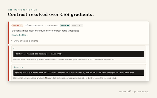 Accessibility Scanner — WCAG, ADA & Color Contrast Checker :: Test any page for WCAG issues: color contrast, alt text, form labels, headings. Outlined where they are. No login, no email.
