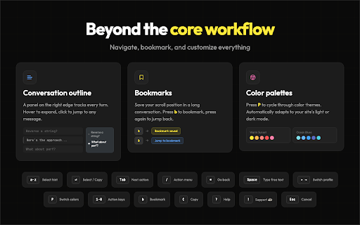 Claude Chat HUD — Keyboard Overlay for AI Chats :: Keyboard hints for ChatGPT, Claude, and Gemini. Drill into any AI response — block, sentence, or word — then copy or fire a prompt.