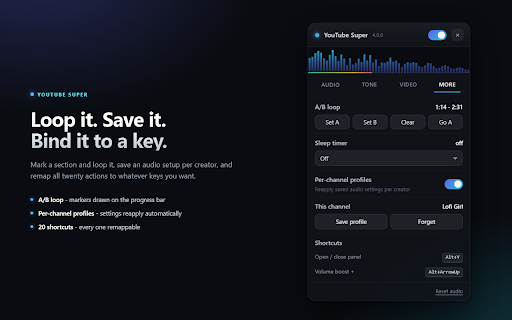 YouTube Super :: Slow down and reverb any song to studio quality. Plus 500% volume boost, 5-band EQ, auto-leveling and custom shortcuts.