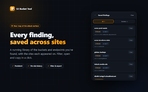 S3 Bucket Tool :: Find Amazon S3 buckets and related AWS resources on any site you visit, with a live count and a sleek popup. Runs fully locally.