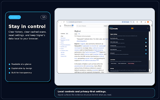 Signal - Trust Profile :: Browser-native trust scoring that exposes source transparency, citations, and evidence structure.