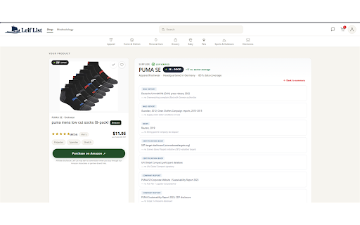 Leif List - Sustainability Scores :: See a brand's sustainability score while you shop on Amazon and partner brand sites. Click the Leif icon to check any product.